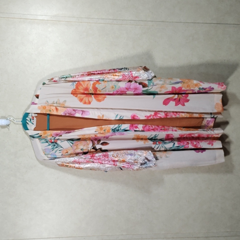 05157 Soft Surroundings peach & pink long line Ruana jacket O/S